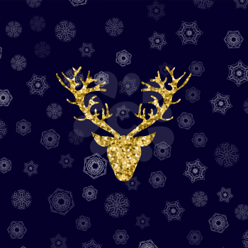 Gold Glitter Deer Head with Branched Horns on Winter Blue Snowflake Background
