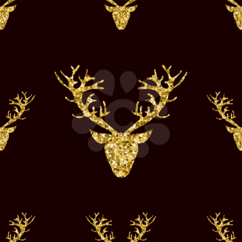 Gold Glitter Deer Head with Branched Horns Seamless PAttern on Black Background
