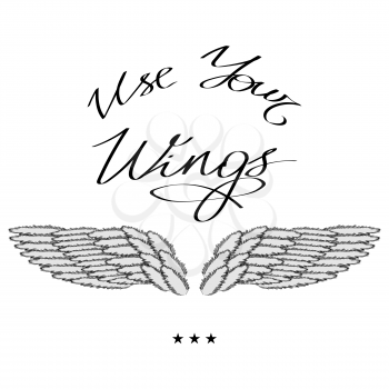 Angel or Phoenix Wings on Grey Blurred Background. Winged Logo Design. Part of Eagle Bird. Design Elements for Emblem, Sign, Brand Mark. Use Your Wings Text. Hand Drawn Motivational Lettering.
