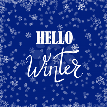 Hello Winter Typographic Poster. Hand Drawn Phrase. Lettering on Blue Sky Background