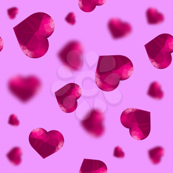 Glass Polygonal Heart Random Seamless Pattern on Pink Background
