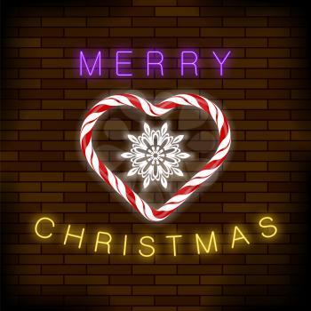 Merry Christmas Colorful Neon Sign with Candy Heart on Brick Background