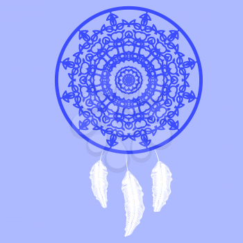 Dream Catcher Silhouette with Feathers Isolated on Blue Background