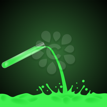 Green Chemical Liquid is Poured Out Of Glass Test Tube. Slame Splatter Background