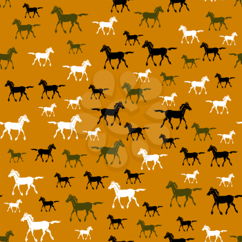 Colored Running Horse  Seamless Pattern on Orange Background