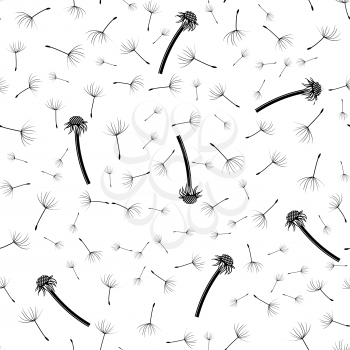 Dandelion Flower Silhouette Seamless Pattern on White Background