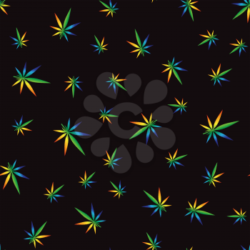 Colorful Cannabis Leaves Seamless Pattern on Black Background