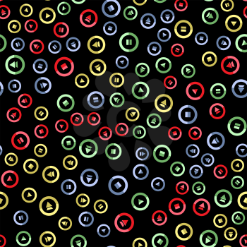 Media player colorful button seamless pattern on black background