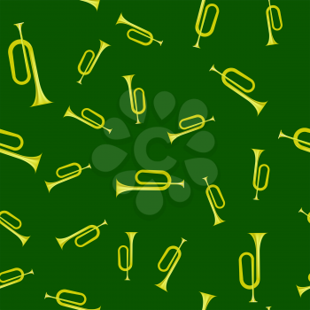 Yellow Horn Seamless Pattern Isolated on Green Background. Wind Musical Instrument