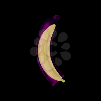 Realistic Rubber Condom and Yellow Banana on Black Background