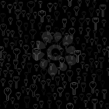 Line Silhouettes of Key Isolated on Black Background. Seamless Old Keys Pattern