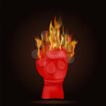 Burning Red Glove with Fire Flame Isolated on Black Background
