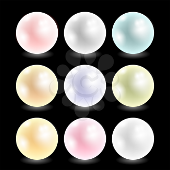 Set of Realistic Natural Colored Pearls Isolated on Black Background