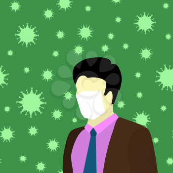 Man in White Medical Face Mask. Stop Pandemic Novel Coronavirus Green Background.