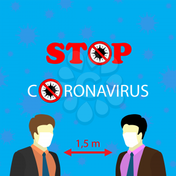 Men in White Medical Face Mask. Stop Pandemic Novel Coronavirus Blue Background.