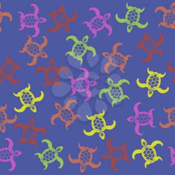 Colored Turtles Icon Seamless Pattern on Blue Background