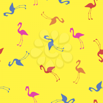 Pink Red Blue Flamingo Seamless Pattern on White Background. Bird Silhouette Texture
