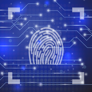 Fingerprint on Blue Technological Blurred Background. Finger Print Integrated in a Printed Circuit