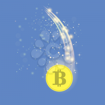 Golden Bitcoin Isolated on Blue Background. Crypto Currency Icon