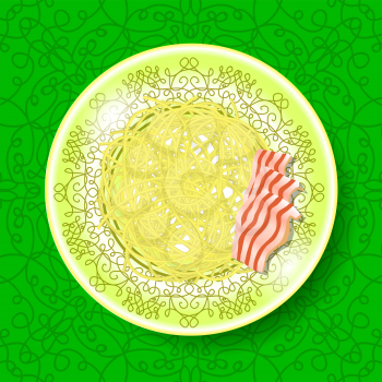 Boiled Floury Product Spaghetti and Fried Bacon on Green Ornamental Background