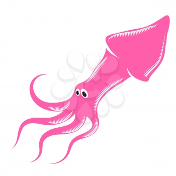 Pink Cartoon Squid Isolated on White Background. Cute Seafood. Animal Under Water. Sea Monster