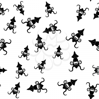 European Squid Silhouette Seamless Pattern Isolated on White Background. Cute Seafood. Animal Under Water. Sea Monster