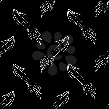 Squid Silhouette Seamless Pattern Isolated on Black Background. Cute Seafood. Animal Under Water. Sea Monster