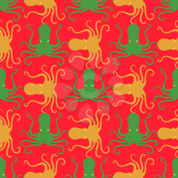 Colorful Octopus Icon Seamless Pattern Isolated on Red Background. Stilized Textured Design. Sea Food Template.
