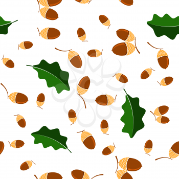 Ripe Acorn Seamless Pattern on White Background. Autumn Oak Nut and Leaves Texture