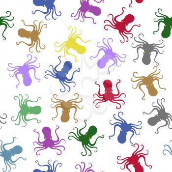 Colorful Octopus Icon Seamless Pattern Isolated on White Background. Stilized Textured Design. Sea Food Template.