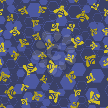 Yellow Bee Seamless Pattern on Blue Background