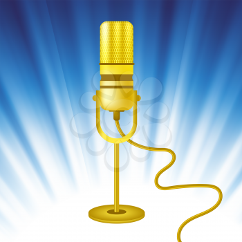 Retro Gold Microphone Icon on Blue Wave Background