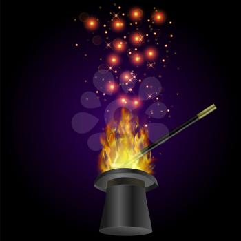 Realistic Magic Wand with Fire Flame and Starry Lights on Dark Background