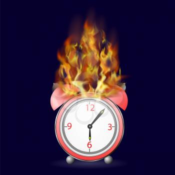 Red Alarm Clock Icon on Fire Flame Isolated on Dark Background