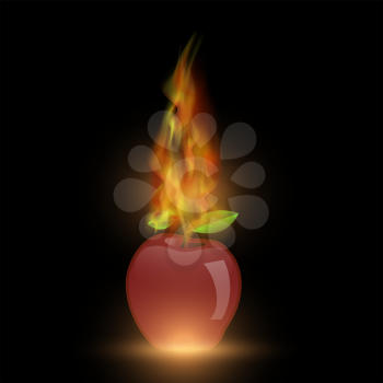 Red Apple with Fire Flame Isolated on Dark Background