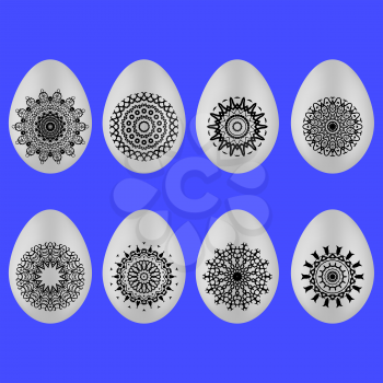 Set of Easter Eggs with Different Ornaments Isolated on Blue Background