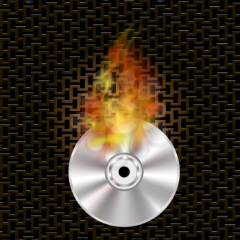 Grey Digital Burning Compact Disc with Fire and Flame on Dark Steel Perforated Grid