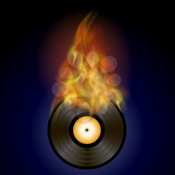 Burning Vinyl Disc with Fire Flame Isolated on Blue Background