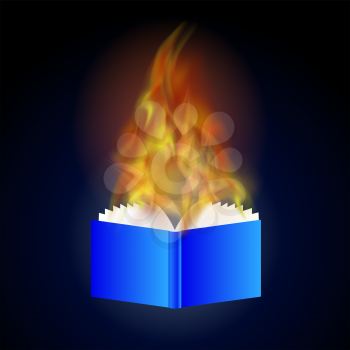 Burning Blue Paper Book with Fire Flame Isolated on Blue Background