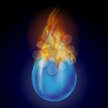 Burning Water Drop with Fire Flame Isolated on Blue Background