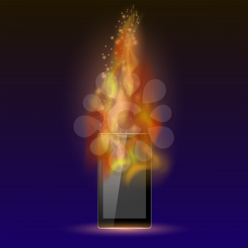 Burninng Tablet Computer with Fire Flame Isolated on Blue Background