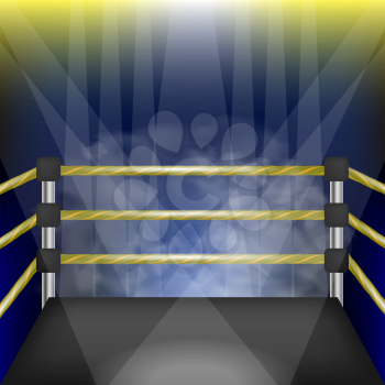 Professional Empty Boxing Ring with Ropes. Hand Drawn Cartoon of Sport Stadium with Spotlights