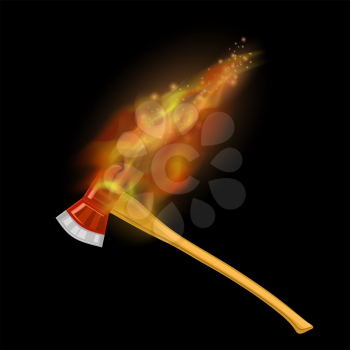 Burning Firefighter Axe Icon with Fire Flame Isolated on Black Background