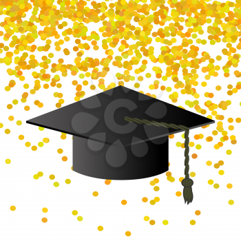 Black Graduation Cap on Yellow Confetti  Background