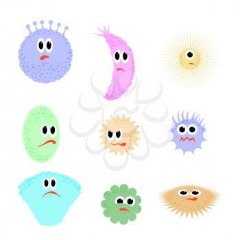 Set of Different Cartoon Microbes Isolated on White Background. Pandemic Colored Backteria. Dangerous Bad Viruses. Germs Backterial Mickroorganism. Bacterium Monsters