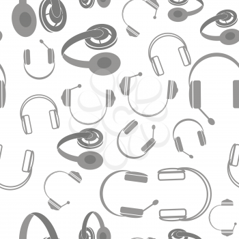 Set of Headphones Seamless Pattern Isolated on White Background. Musical Stereophones Gray Silhouettes.