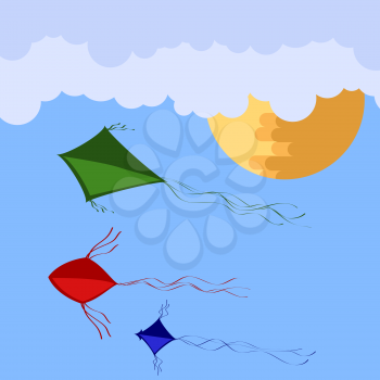 Colored Kites Flying in Blue Sky with Sun and Clouds. Freedom Concept. Toy for Children