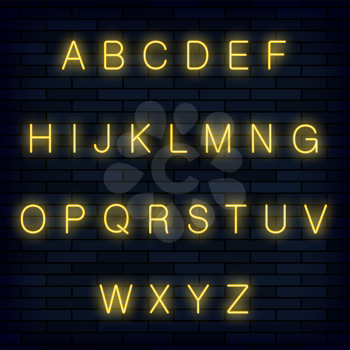 Yellow Neon Alphabet on Blue Brick Background. Retro Bright Letters. Realictic Type Set. Graphic Font Design.