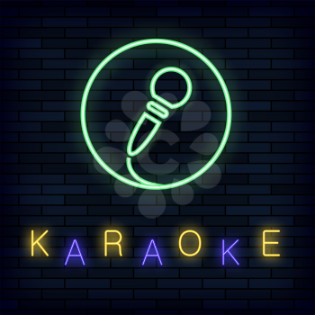 Glowing Light Karaoke on Blue Wall Brick Background. Musical Logo with Microphone. Colorful Line Icon. Sign Board of Music Bar