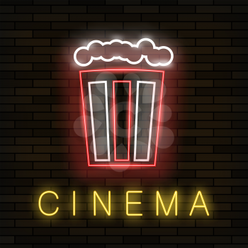Cinema Light Neon Sign on Brick Background. Colored Signboard. Bright Street Banner.